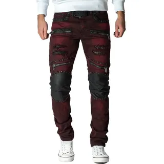 Cipo & Baxx Bikerjeans Herren Slim Fit Hose Stonewashed BA-CD481 mit Kunstleder Bereichen und Nieten rot 42