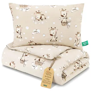 Kinderbettdecke ohne Bezug Baumwolle Set Baby Kinderdecke Kissen | Decke 100x135 cm für Kinderbett Babybett Kleinkind ganzjahres leicht atmungsaktiv Kopfkissen bezugsfrei Giraffen