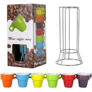 Out of the Blue Espressotasse 7-teiliges Espresso-Set für 6 Personen, 6 Stück bunte Espressotassen aus Steingut inkl. Metallhalterung