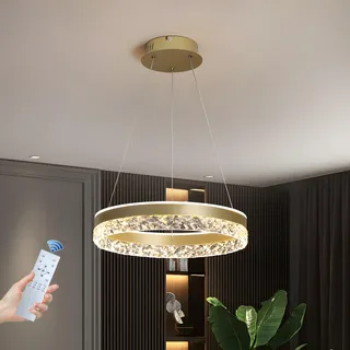 GaoHX Moderner Kristall Kronleuchter Dimmbar LED Pendelleuchte Esstisch, Esstischlampe Höhenverstellbar Esszimmerlampen Rund Ring Hängeleuchte LED Hängelampe für Esszimmer Küchen Bar Leuchten(Gold)