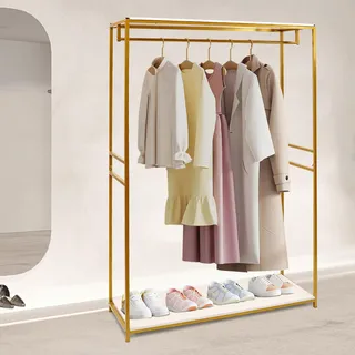 Aohuada Kleiderständer auf Rollen aus Stahlrohren Quadratisch mit Schuhablage – Multifunktionale Garderobenstange & Stabiler Klamottenständer Gold 190x120x45cm