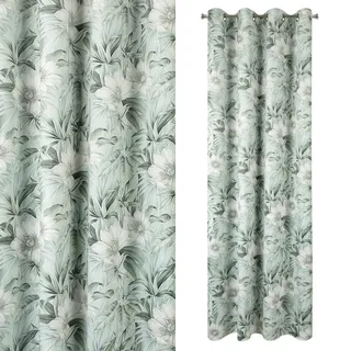 EUROFIRANY Vorhang Velvet Samt Grün Grüntöne Weiß Ösen Gardine Blätter Blumen Muster Blumenmuster 140x250 cm, 1 STK. Leicht Wohnzimmer Schlafzimmer Botanik Trend