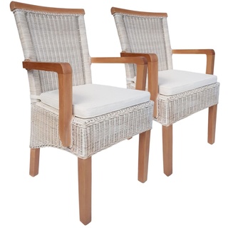kreatives Wohnen Esszimmer Stühle Set mit Armlehnen 2 Stück Rattanstühle Perth mit Sitzkissen Leinen weiß, Holz, Extra breit
