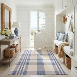 SAFAVIEH Zeitgenössische Teppich für Wohnzimmer, Esszimmer, Schlafzimmer - Courtyard Collection, Kurzer Flor, Beige und Blau, 160 X 231 cm