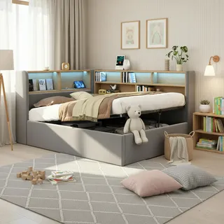 Daybett 90×200 Cm, Einzelbett Mit Hydraulischem Bettkasten, Usb, Typ C Und Verstellbarer Led, Ohne Matratze, Aus Samt, Grau