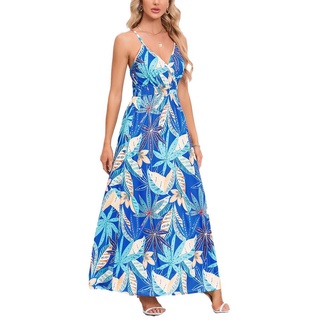 B.X Strandkleid Damen Sommer-Lässiges für tropisches Blumenmuster lange Kleider Spaghettiträger Boho-V-Ausschnitt fließende Strandkleider blau