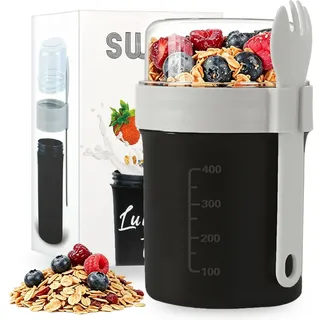 Swkien Müslibecher to go mit Löffel - Auslaufsicherer Joghurtbecher to go mit Unterteilung (560ml + 220ml) - Spülmaschinengeeignet & BPA-Frei - für Büro, Fitness, Schule, Reise - Schwarz