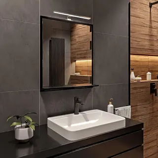 LED-Badspiegel mit Ablage 60x70 cm Schwarz – Badezimmerspiegel Wandspiegel mit LED Lampe Gehäuse Schwarz - Schwarz