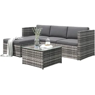 Merax Garten-Loungesessel-Set für 4 Personen, Gartenmöbel Set, EckSofa + Tisch, mit Kissen, Polyrattan, Grau