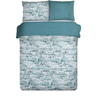 Eurofirany Bettwäsche Bettzeug Pfaufeder Muster Aufdruck Weiß Pastell Bettbezug Baumwolle Oeko-Tex Set 2 Kissenbezüge 1 Deckenbezug, Blau, 160X200cm