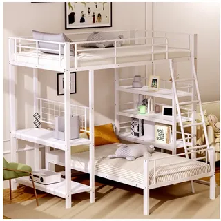 MODFU Etagenbett Hochbett mit Schreibtisch Stauraum (Jugendbett, Eisenbett, Metallbett, 90x200 cm x 2, Flexibles Loftbett für Jugendliche und Erwachsene), Ohne Matratze weiß