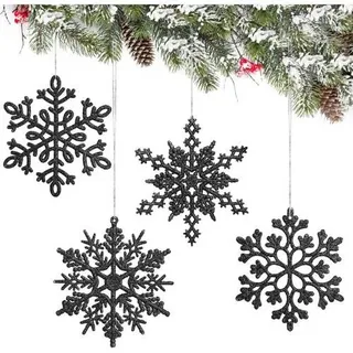 24 Schneeflocken Deko Schwarz Glitzer Anhänger Set