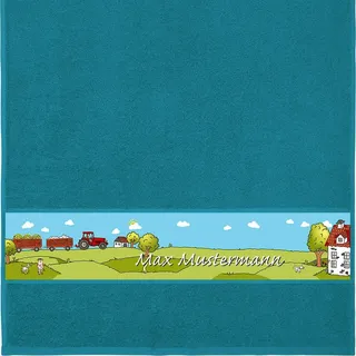 Erwin Müller Handtuch mit Namen - personalisiert - Motiv Kinder - Bauernhof - viele Farben & Motive - Dusch-Handtuch - Petrol - Größe 50x100 cm - persönliches Geschenk mit Wunsch-Name
