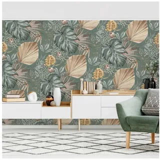 Bilderdepot24 Mustertapete Muster Große Blätter Rosen Grün Grün Beige Wanddeko Vintage Tropical, Glatt, Matt, (Vliestapete inkl. Kleister oder selbstklebend), Wohnzimmer Schlafzimmer Küche Flur gemusterte Vliestapete Wandtapete grün 2.4 m x 1.58 m