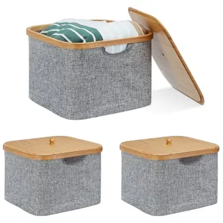 Relaxdays 3 x Aufbewahrungskorb Stoff, Bambus, Aufbewahrungsbox mit Deckel, Regalkorb, H x B x T: 25 x 33 x 33 cm, Stoffbox, grau
