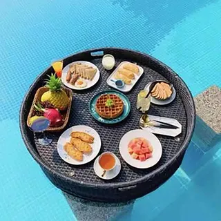 Schwimmendes Tablett für den Swimmingpool, extra große, schwimmende Deluxe-Poolbar, schwimmendes Tablett für den Pool, aus Rattan gewebte Essenstabletts zum Servieren von Partys,Black-80cm