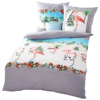 Bettwäsche »Kaeppel Fein Biber Bettwäsche 2 tlg. Tropical Winter Flamingos Rosa«, Kaeppel, Biber, 2 teilig, 155x220 cm, Flamingos am weihnachtlichem Strand, Palmen, Baumwolle bunt