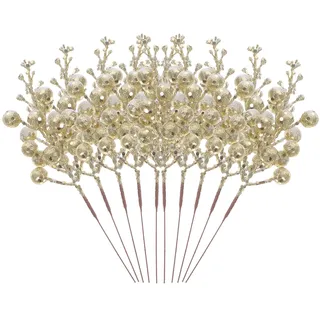 VANZACK Künstliche Weihnachts-Beerenstiele Künstliche Schneeflocken-Beerenzweig-Arrangements Dekorative Girlanden DIY-Weihnachtsbaum-Festdekorationen 10 Stück (Golden)