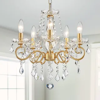 WUZUPS Kristall Kerze Kronleuchter Pendel Flushmount Deckenleuchte Moderne Beleuchtung für Schlafzimmer Flur Bar Küche Bad, H42 W43, Gold, E14 Base