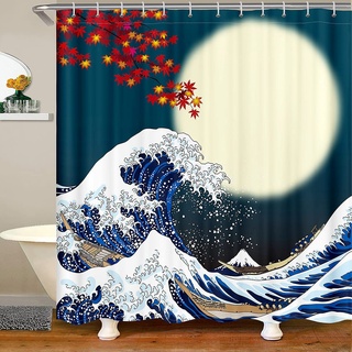 Loussiesd Japanisches Hokusai Muster Wasserdichtes Exotisches Duschvorhang Textil im japanischen Stil Blau Welle Muster Duschvorhang 180x180cm für Kinder Frauen Erwachsene Fuji Berg Gedruckt