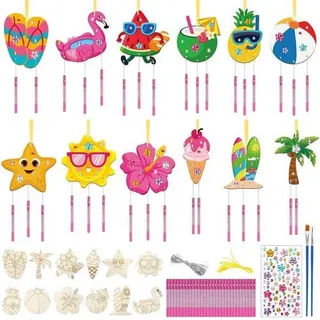 SRIZIAN 12 Stück Windspiel Bastelset Kinder Sommerstrand Holz Windspiel Bastelset für Sommer Hawaii Party Dekoration Holz Klangspiel Basteln Garten