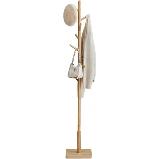 VASAGLE Garderobenständer, Kleiderständer Massivholz, Jackenständer Baumform, 8 Haken für Jacken, Hüte, für Flur, Haken und Haltestange aus Kautschukholz, naturbeige RCR010N01