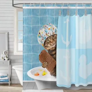 Hnmdmyi Duschvorhang Lustige Katze 200x180, Baden Tier Kätzchen Duschvorhänge Niedlich Kinder Blau Badewanne Vorhang Wasserdicht Polyester Stoff Waschbar Badevorhang für Badezimmer mit Haken