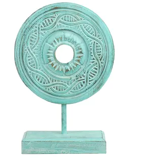 Oriental Galerie Skulptur Mandala Zeichen Figur Relief Deko Holz türkise Münze auf Sockel mittel türkis