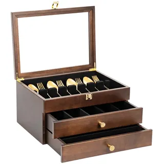 Yoimori Besteckbox, 3-lagige Besteck-Aufbewahrungsbox aus Holz mit Glasdeckel, 36,7 x 27,7 cm, luxuriöser Stil, Dekoration, Besteck-Aufbewahrungsbox für feines Besteck und Utensilien, Geschenkidee
