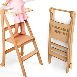 goodevas Holz Lernleiter Montessori platzsparend: Klappbare Lernleiter, Hocker für Kinder, Faltbare Kindertreppe, Lernleiter mit Kippschutz - Beige