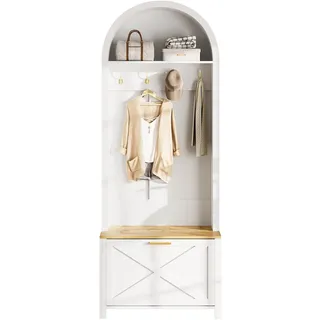 OKWISH Multifunktionaler Garderobenschrank mit Schuhablage, Haken und Ablagefläche, 75x35x195 cm, Holzfarbe und Weiß
