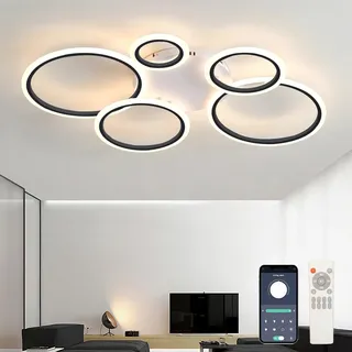 QINGYING 5 Ring Deckenleuchte Mit Fernbedienung APP, 100cm LED Dimmbar Lampen Mit Memory-Funktion, Moderne Deckenlampe 3000K-6000K, Mit Timer Für Schlafzimmer Wohnzimmer Küche Büro-Black