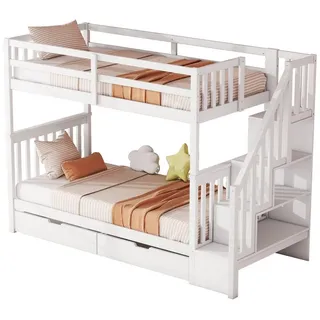 REDOM Etagenbett Holzbett (Treppenregal, ausgestattet mit zwei Schubladen, hohe Geländer, 90*200cm), ohne Matratze weiß