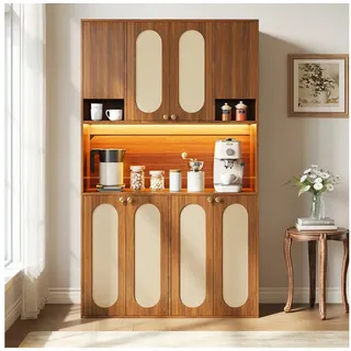 KLAM HOME Küchenbuffet Hoher Sideboard-Schrank mit PE-Rattan und farbverstellbarer LED (Multifunktionaler Hausbar-Schrank mit 8 Türen und großem Stauraum) Stabiler Vorrats-Geschirrschrank für Esszimmer, Wohnzimmer und Diele beige