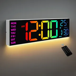 HAITANG Wanduhr Digital - 8 Farben Digitale Wanduhr 16,2" Große Digitale Uhr mit Temperatur, Datum, Nachtlicht, Automatische Helligkeitsregelung, 24/12-Stunden für Wohnzimmer Büro Fitnessstudio