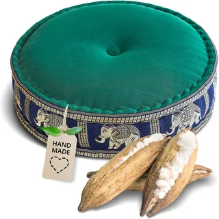 livasia Meditationskissen mit Thaiseide - Ø 45x15cm - Yogakissen mit Kapok, Pouf, Bodenkissen für Yoga und Zen Meditation, Sitzkissen für Garten und Balkon, Zafukissen (Grün/Blau/Elefanten Seide)