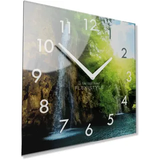 FLEXISTYLE Wanduhr küche Wohnzimmer 30 x 30 cm, aus Glas, mit Direktdruck eckig modern (Wasserfall)