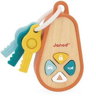 Janod – Klangvoller Schlüsselanhänger für Babys aus Holz und Silikon mit 4 Klängen und 3 Schlüsseln – Rasselspielzeug mit Autoschlüsseln – Feinmotorik – Ab 18 Monaten