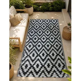 Moderner Outdoor-Teppich im Rauten-Design Garten-Teppich Dekoteppich ca.90 x 150cm Weiß/Schwarz - One-Size