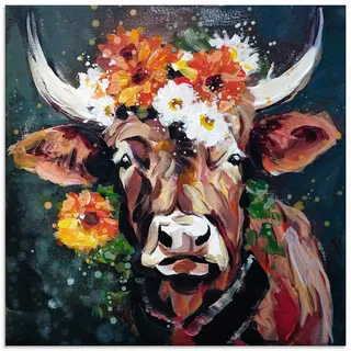 ARTland Wanddeko Glasbilder Wandbild Glas Bild 50x50 cm Deko Modern Tiere Stier Kuh Blumen Kranz Farbe Porträt U5BI