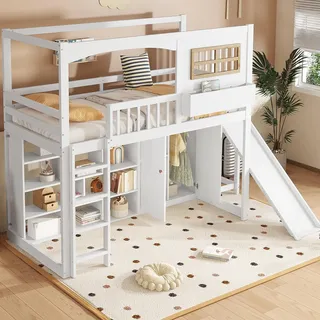 Merax Etagenbett 90x200cm, Kinderbett Hochbett mit Rutsche & Kleiderschrank & Regale, Platzsparendes Stockbett Hausbett mit Lattenrost & Rausfallschutz, Praktisches Jugendbett, Ohne Matratze, Weiß