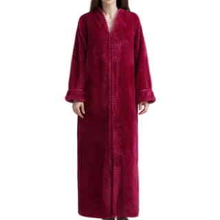 Bienwwow Damen-Bademantel, flauschiger Frottee, Reißverschluss, Fleece, Waffelmuster, lang Gr. 46, rot - 46