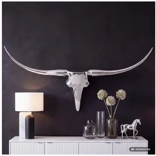 FINEBUY Wanddekoobjekt FB37874 Bull Geweih L Wanddekoration 125 cm breit Aluminium silber (Deko Hirschgeweih Aluminium 125 cm Silber modern), Wanddeko Metall Design Hirschkopf Geweih Wand groß silberfarben