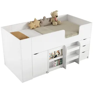HAUSS SPOLE Kinderbett 90x200cm Kinderbett mit Leiter, Schreibtisch, Schrank, Schublade, weiß (Etagenbett, Kinderbett, Hochbett, 1-tlg., MDF, 90*200, ohne Matratze), mit ausziehbarem Schreibtisch, herausnehmbarem Schrank, Schublade weiß 94.5 cm x 201 cm x 99.5 cm
