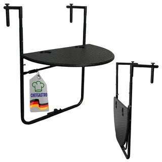 CHEFGASTRO Balkonhängetisch klappbar wetterfest 3-Fach höhenverstellbar 60x40cm Metall Rattan Optik Schwarz Balkontisch zum Hängen Hängetisch mit 2 Tassenhalterungen Balkon Klapptisch