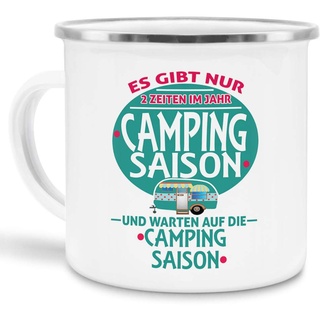 Tassendruck Emaille Tasse Camping lustig - Geschenk zum Camping/Tasse für Coole Camper/Geschenk-Idee Campingfreunde - Camping Saison - groß Silber Rand