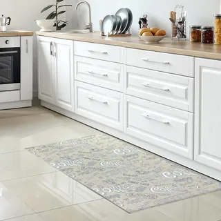 CARPETIA Teppich modern Läufer Küche Küchenläufer beige pflegeleicht waschbar Design: Coffee Love Fresh HOT Schriftzug in weiß 80 x 200 cm