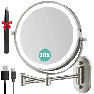 Auxmir Kosmetikspiegel mit Beleuchtung, 1X 30X Rasierspiegel Wandmontage | 3200mAh Akku, Ausziehbarer Schwenkarm, 3 Lichtfarben, Stufenlos Dimmbar und 360° Drehbar für Badezimmer und Hotel, Nickel