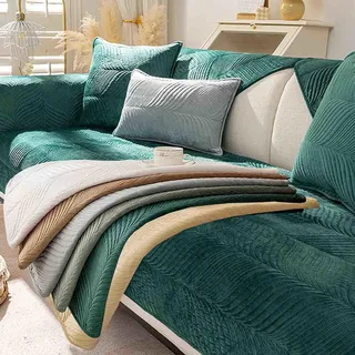 FASCINATDECO Sofa/Couch überzug/überwurf, Sofaschoner rutschfest, Super Weicher Samt Sofabezug für Sofa L Form/U Form/Ecksofa 3/2/1 Sitzer, Sofaschutz Hund Washable Sofahusse (70x150cm,Dunkelgrün)