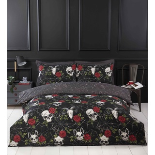 Rapport Home Black Duvet Cover Set with Skulls & Roses, Halloween Themed Microfiber Double Bedding Set